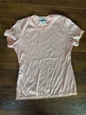 The Look Randolph Duke Sequin Top Size M Pink Mesh Short Sleeve Shirt